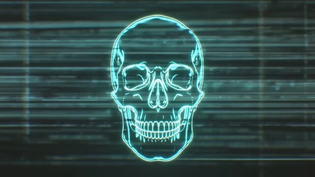 Front view human skull made thin white glitch line-art black background, digital scan effect, horizontal glitch distortion, vector outline skull flickering, futuristic AI analysis, minimal monochrome