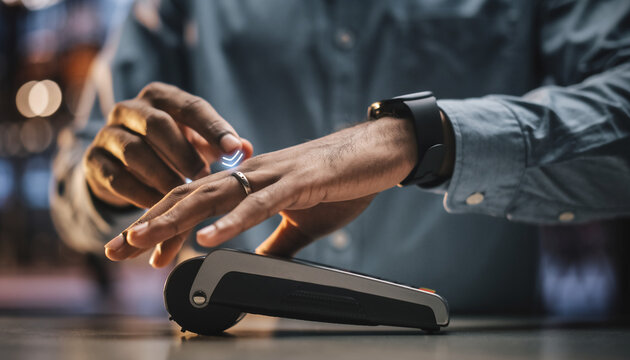 Closeup of a person making a contactless payment with a smart ring at a payment terminal.