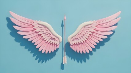 Pink winged arrow sculpture on blue background with shadows with art and design and symbol and icon and wings and abstract and creative and imagination