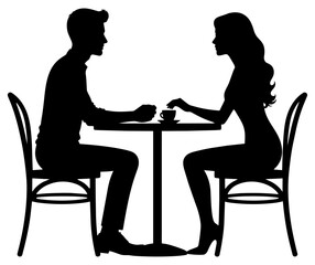 Romantic Coffee Date Couple Silhouette at Caf&eacute; Table on Transparent Background