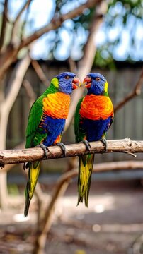 Two colorful rainbow lorikeet parrots perched together on a branch in outdoor setting looking towards the camera.