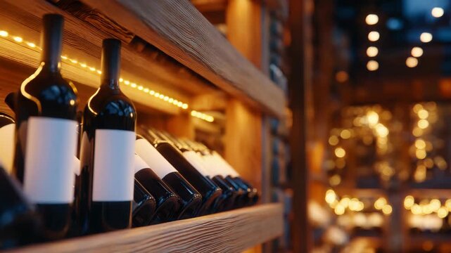 219Interior of a natural wine cellar, rows of bottles on dark wooden shelves, soft warm lighting casting gentle shadows, elegant storage and organization concept