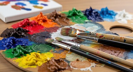 Obraz premium Vibrant oil paints arranged with various brushes atop a wooden palette ready for artistic application