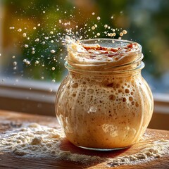 Fermenting sourdough starter vigorously bubbles and splashes flour particles upward near a sunlit window above a wooden table.