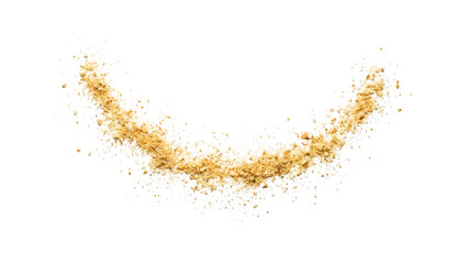 Fototapeta premium Fine golden brown sugar granules are scattered across a white surface in a gentle upward curving line.