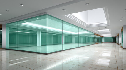 Obraz premium An empty retail space showcases a pristine tiled floor with glass walled storefronts under bright skylights in a modern and spacious architectural design.