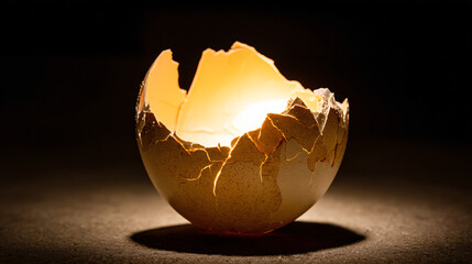 a cracked eggshell with warm light glowing from inside, dark neutral background, symbolic rebirth and new beginnings