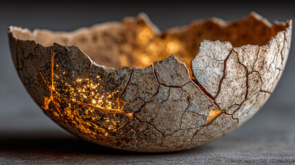 a cracked eggshell with warm light glowing from inside, dark neutral background, symbolic rebirth and new beginnings