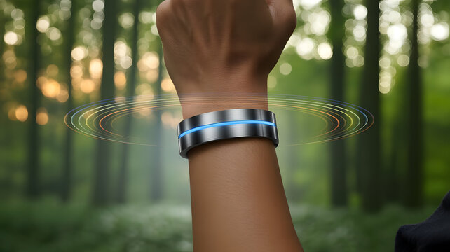 Person wearing futuristic smartwatch in forest with glowing blue interface - Powered by Adobe