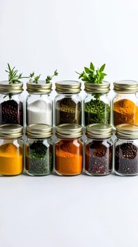 Variety of dried culinary herbs and colorful spices arranged in glass jars with metal lids on a white background