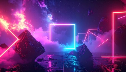 Glowing neon shapes float in dark space with geometric forms and rocks