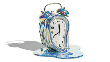 Melting holographic alarm clock on white. AI generated.