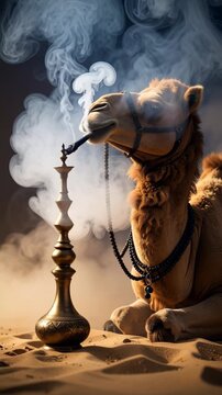 Resting camel smoking flavored tobacco through a hookah pipe in desert sand dunes emitting white smoke plumes