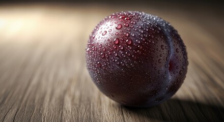 Single fresh dark purple fruit covered in glistening water droplets rests upon a rustic wooden surface
