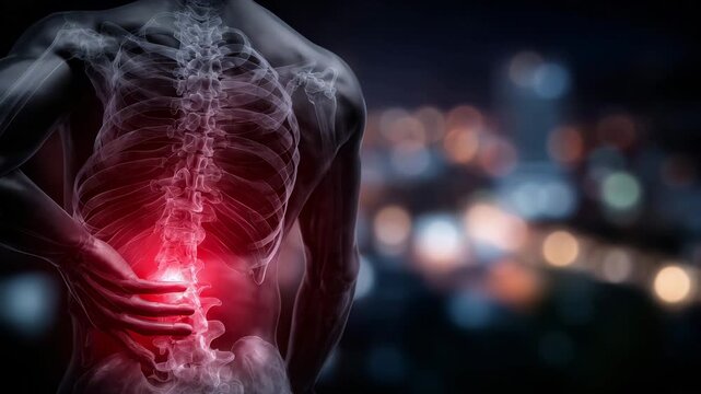 270Illustrated view of man with back pain, hand on upper back, highlighted vertebrae and ribcage, subtle red shading to indicate strain, medical anatomy and posture awareness