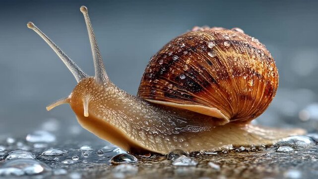 Heavy rain flooding streets in residential area concept. A snail glides over a wet surface, showcasing water droplets on its shell.