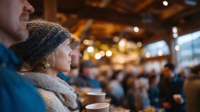 273People standing in line for coffee, winter attire, hands wrapped around hot cups, steaming beverages, rustic coffee shop interior with warm tones and seasonal decor
