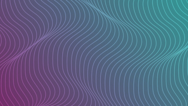Abstract wavy dotted line background with smooth flowing motion in gradient colors from deep purple to vibrant cyan, creating dynamic fluidity and modern optical art effect; perfect for digital art, w