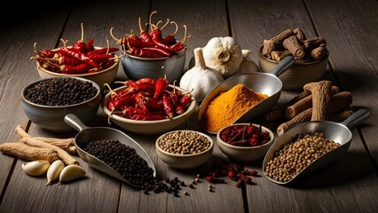 Spice Collection Still Life: Chili peppers, turmeric, coriander, peppercorns, garlic, dried roots, aromatic spices in bowls, rustic kitchen, global cuisine concept