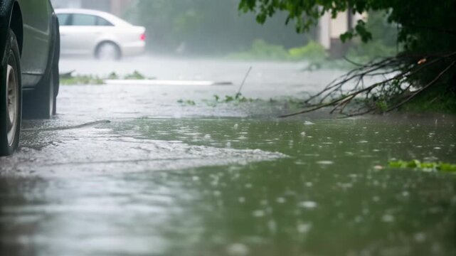 Heavy rain flooding streets in residential area concept. Water accumulates, affecting visibility and mobility of vehicles during a storm.