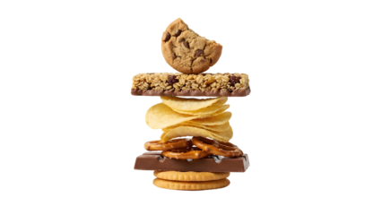 A vertical stack of various sweet and savory snack foods is balanced precariously against a stark white background.
