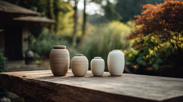 Medium shot of biodegradable urns made from paper and clay arranged on a natural wooden table highlighting ecofriendly burial options in a serene outdoor environment.