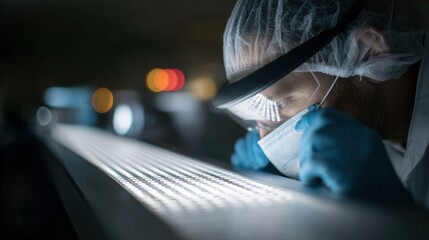 Medium shot of an engineer inspecting LED backlight modules to ensure consistent and accurate color rendering