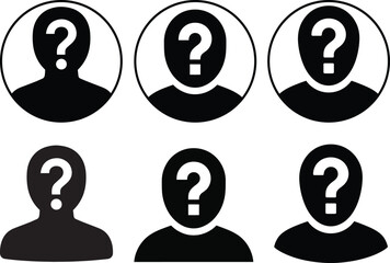 Anonymous user question mark avatar black icons set vector. User profile  for mystery person or unknown account. Placeholder avatars, privacy, security, or missing contact information.