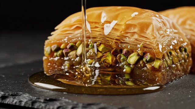 Baklava with Honey Drizzled, A Delicious Dessert, Layers of Filo Dough, Nuts, & Syrup