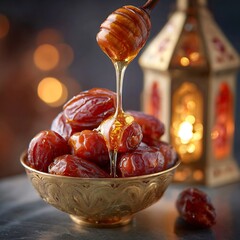 Honey drips from a wooden dipper onto a brass bowl filled with plump dates next to a glowing ornamental lantern.