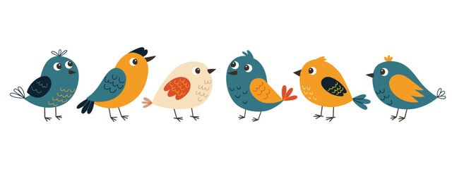 Obraz premium Cute Cartoon Birds Set. Hand Drawn Baby Birds Collection. Funny Nursery Animals. Kids Illustration. Flat Vector Characters Isolated on White.