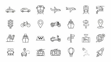 Collection of Transportation Icons and Symbols Hand Drawn Style.