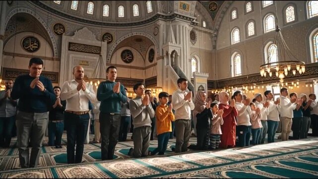 A diverse group of people praying together in a grand mosque, showcasing unity and faith.