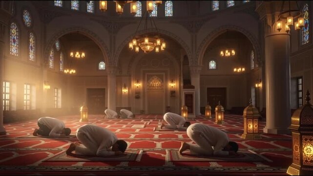 Muslims praying inside a grand mosque with ornate architecture and warm lighting.