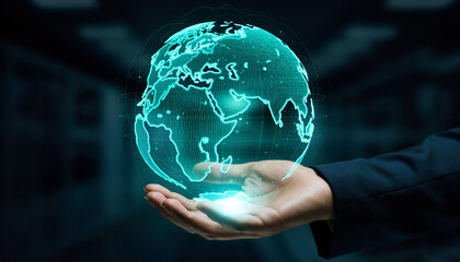 Hand holding glowing digital earth globe global network and communication concept.