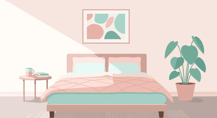 A calming and aesthetically pleasing bedroom interior illustration with soft color palette and