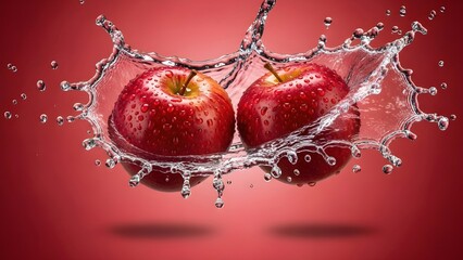 Apple Water Splash Freeze: Red apples with water splash, high speed photography, fresh fruit action, hydration and freshness, healthy food concept