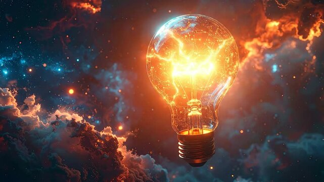 Glowing lightbulb with circuit patterns against a vibrant cosmic cloud background.