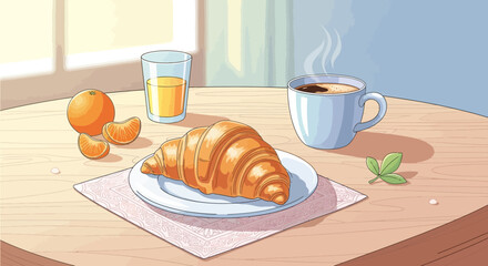 A delightful cartoon illustration of a continental breakfast setting a charming start