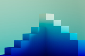 Geometric shapes arranged in a corner under blue and green light