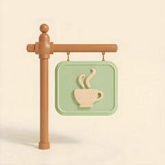 Fototapeta premium hanging cafe sign with a coffee cup symbol 3d rendering isolated on light cream or off-white background cartoon plastic style icon