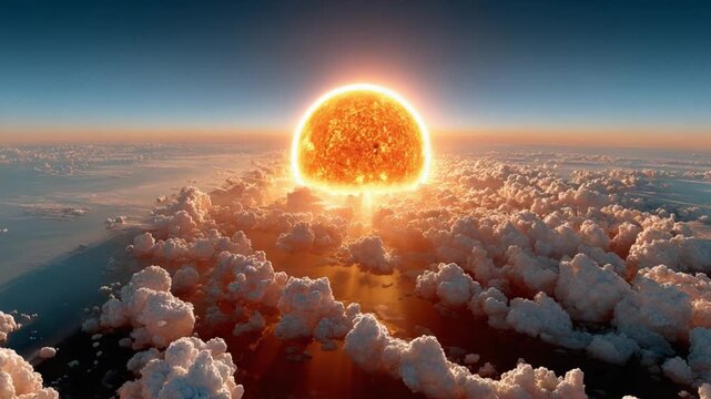 Celestial Dawn: The sun's fiery kiss on the clouds, a stunning portrayal of the universe's magnificence, offering a feeling of tranquility, wonder, and the cyclical nature of time.