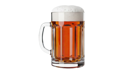 Glass mug filled with amber beer and foamy head