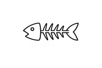 Fish skeleton line drawing representing seafood waste, diet concepts, and bone structure, with a transparent background