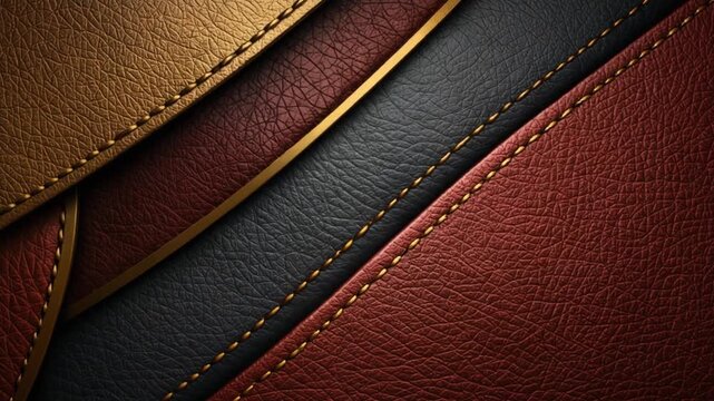 Dynamic close-up of premium leather materials texture: rich gold, deep navy, and terracotta brown pieces overlapping, highlighted by detailed golden seam stitching and elegant shadow effects.