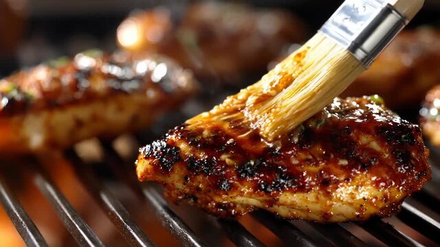 Meat grilling over open fire at barbecue concept. Grilled chicken being brushed with marinade, showcasing a delicious cooking technique.