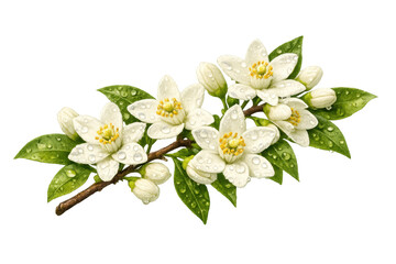 Obraz premium Orange blossom branch with white flowers, green leaves, and fresh water drops, representing growth and springtime