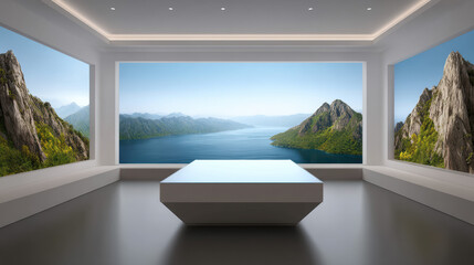 Fototapeta premium A minimalist modern room displays breathtaking nature landscape paintings, creating an immersive and tranquil gallery exhibit with stunning mountain and lake views.
