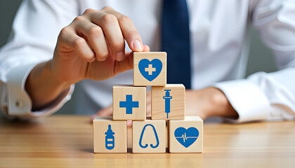 Hand arranging wooden blocks with medical icon for healthcare management and health insurance planning concept