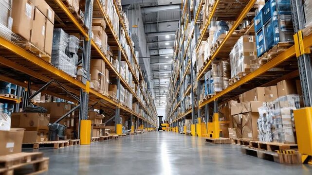 Warehouse Stocked with Merchandise: A perspective view of a warehouse showcases neatly organized shelves packed with boxes and goods, symbolizing industry, logistics, and global commerce.